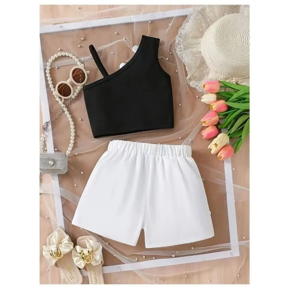 Petal Pop 2pc Set – Black & White Tank and Shorts with 3D Flower Embellishments
